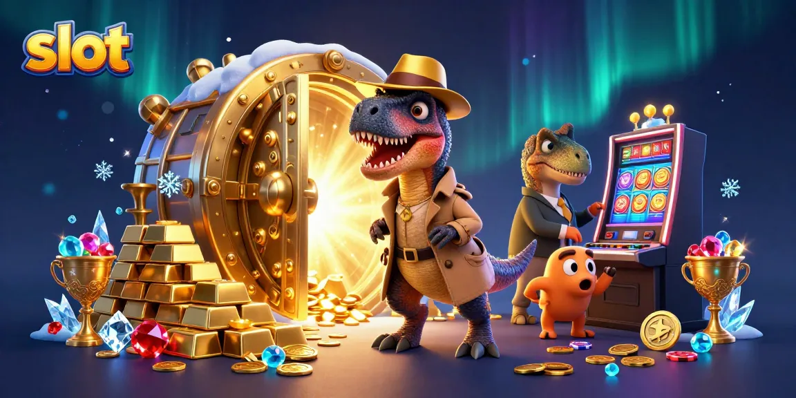 Watch a velociraptor card counter at a slot machine with golden treasures and casino flares.