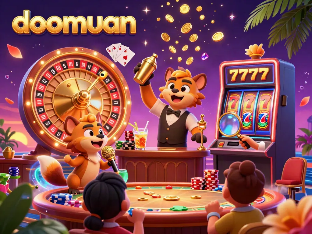 Dive into the vibrant casino world of doomuan with cartoon hyenas performing and mixing drinks amidst shimmering gold.
