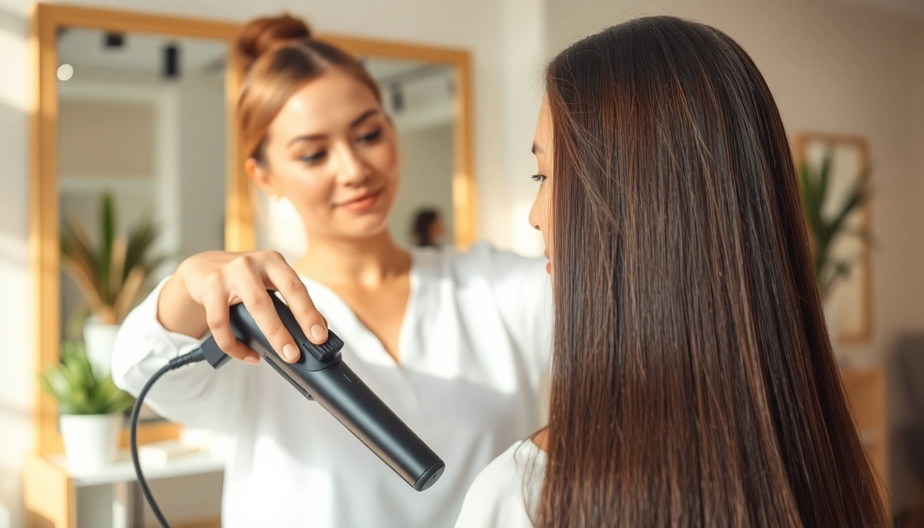 Stylists demonstrating hair straightening techniques with a high-quality iron in a stylish salon.