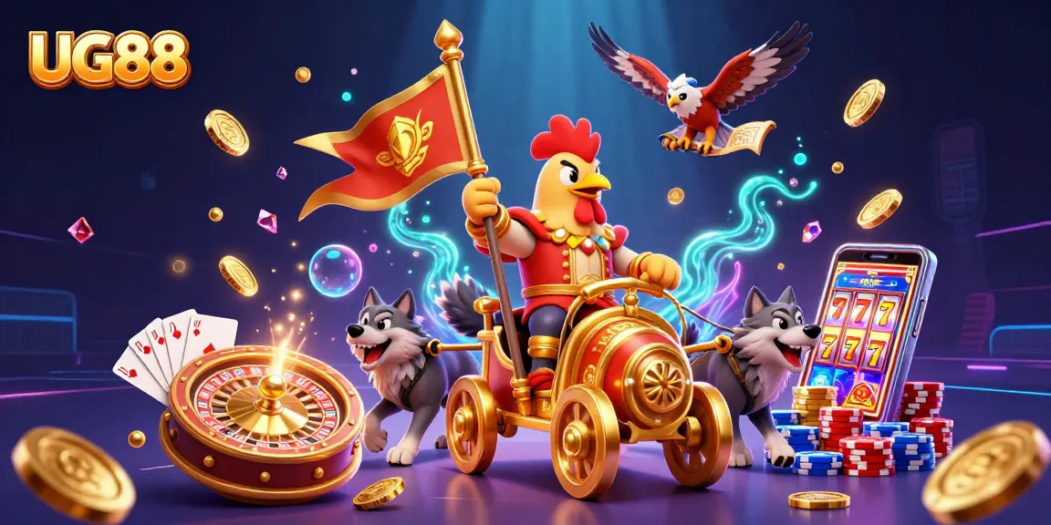 Engage with UG88's thrilling atmosphere featuring a rooster warlord in a dynamic casino scene.