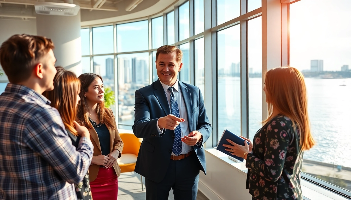 Engaging Pensacola FL real estate agent discussing listings with clients in a modern office.