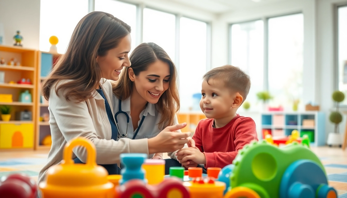 What is ABA therapy session showcasing a therapist interacting with a child in a bright clinic.