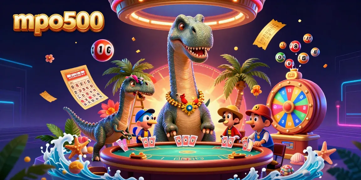 Experience dynamic gameplay with the mpo500, vibrant casino scene filled with lottery balls and a playful dinosaur.