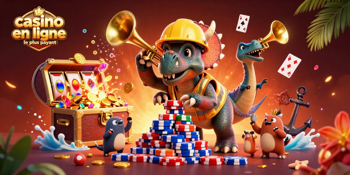 Illustration de casino en ligne le plus payant avec des personnages cartoon célébrant des gains avec des jetons de poker.