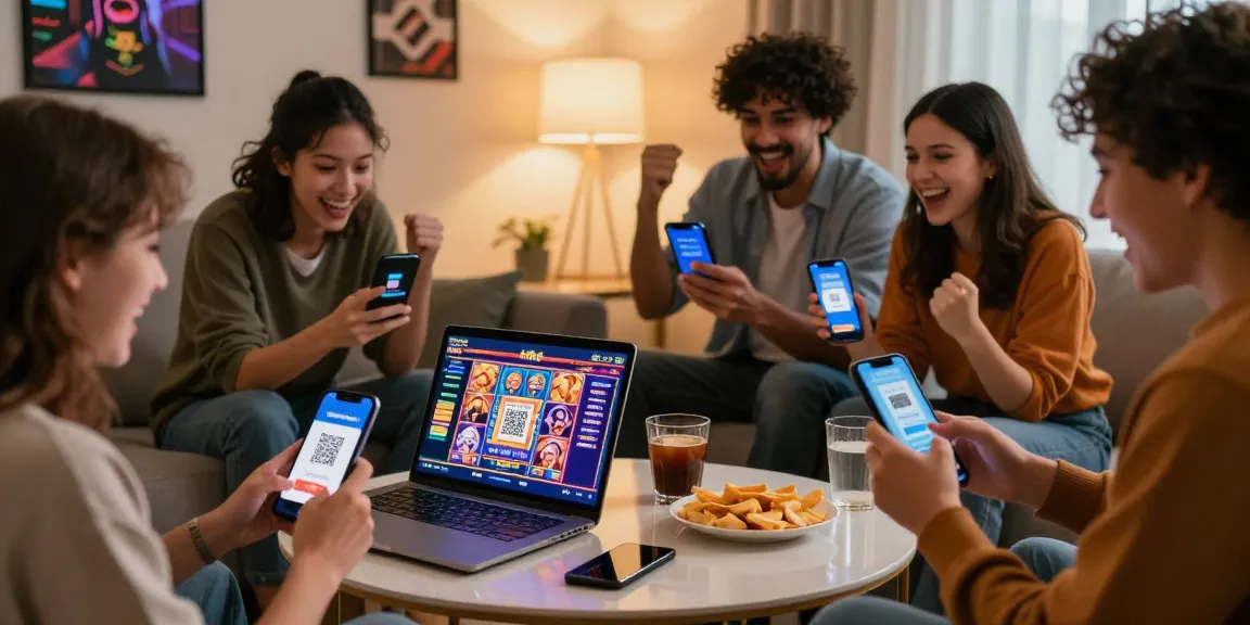 Friends enjoying an online slot qris gaming session in a cozy living room.