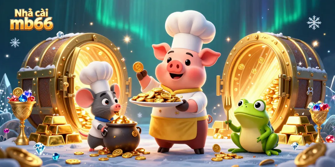 Engage in thrilling fun at Nhà cái mb66 with vibrant cartoon characters surrounded by gold coins and gems.