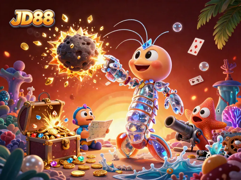 JD88 unleashes excitement with a heroic mantis shrimp battling asteroids, showering golden gems.