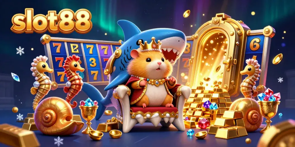 Experience thrilling slot88 gameplay with the golden hamster king among treasures and charms.