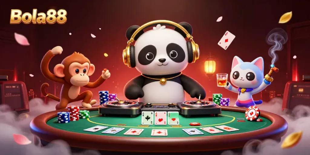 Experience the vibrant energy of Bola88 with a DJ panda, breakdancing monkey, and rave kitten in a dynamic casino scene.
