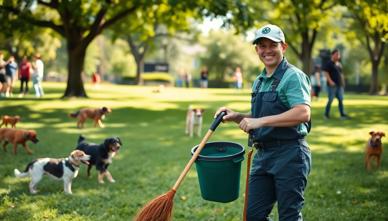 Dog poop clean up service performing tidy waste collection in a community park.