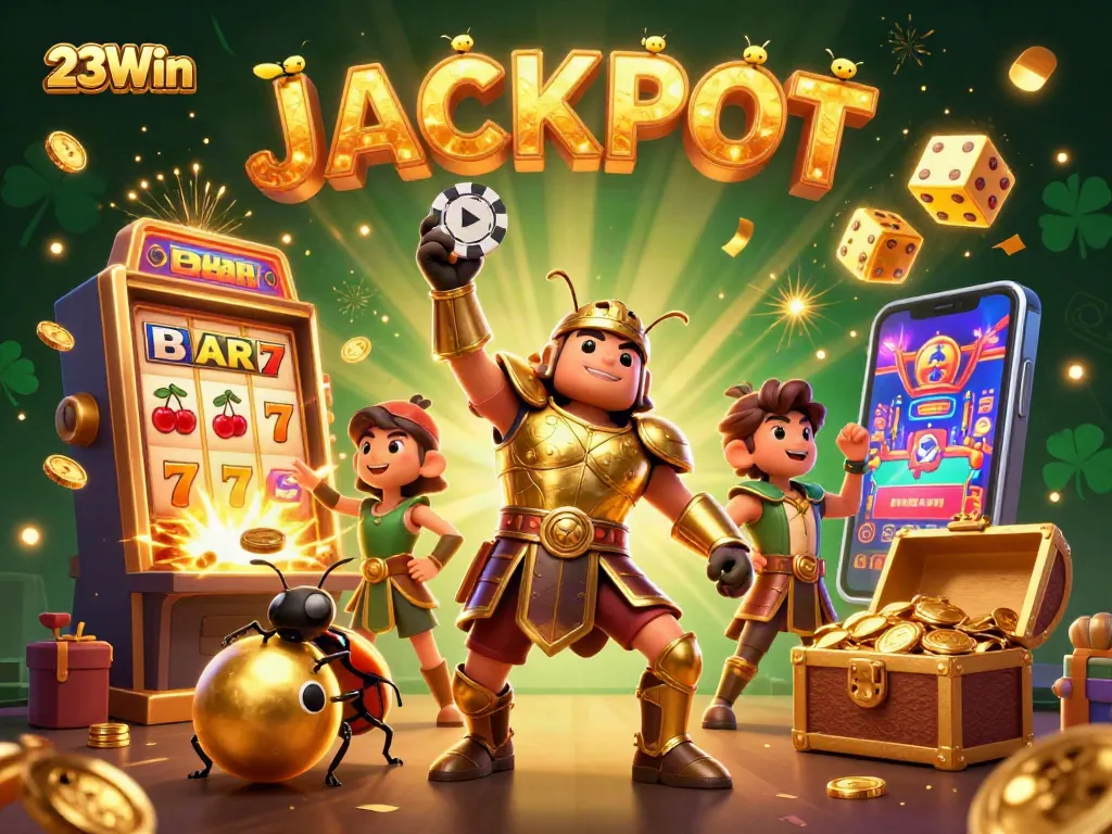 Experience the thrill of 23Win with a jackpot victory scene featuring a victorious beetle and a dynamic casino backdrop.