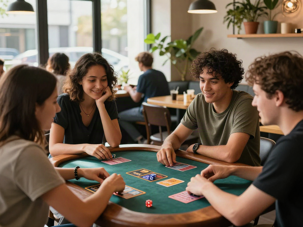 Engaged group discussing 먹튀스팟 검증사이트 in a cozy café with gaming elements.