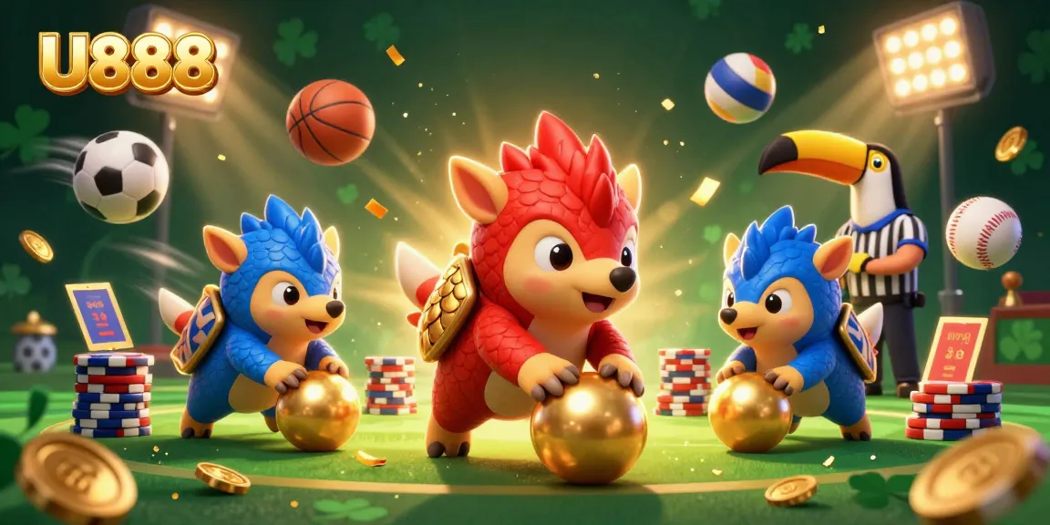 U888 pangolins competing in a thrilling casino scene with poker chips and sports excitement
