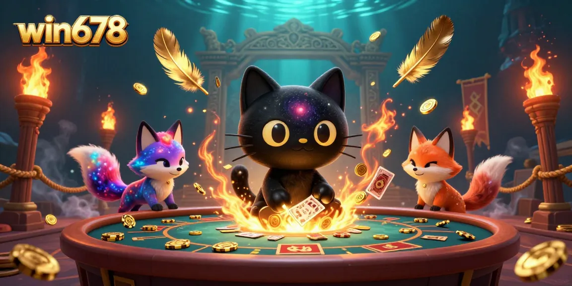 Engaging win678 online casino scene with a cosmic black hole cat and a gas cloud fox attracting golden chips and cards.
