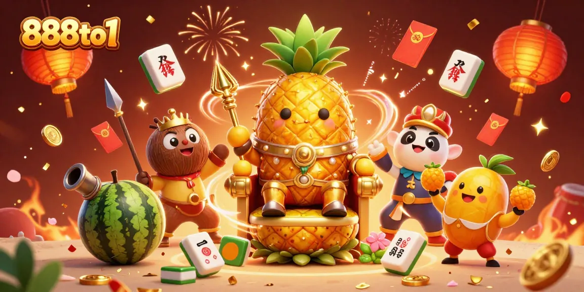 Engage in thrilling activities at 888to1 with vibrant visuals of a golden pineapple king overseeing an epic casino scene.