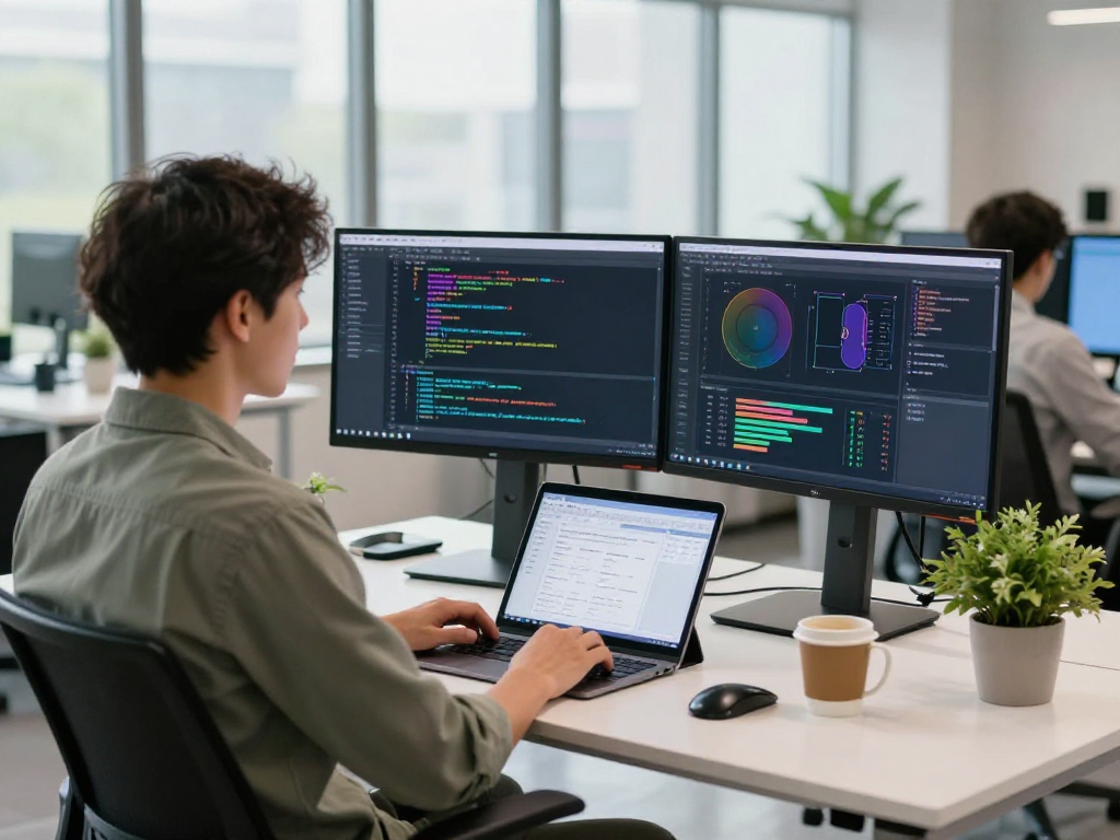 Developer coding on dual monitors at net88.se.net workspace, showcasing innovation in tech.