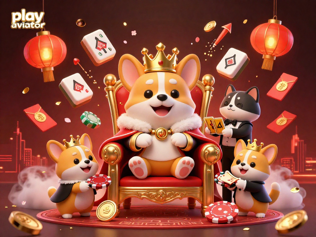 Play aviator with a vibrant scene featuring a royal corgi and gaming elements in a casino