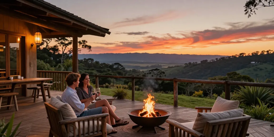 Magaliesburg Accommodation with beautiful sunset, couple enjoying wine on a wooden deck.
