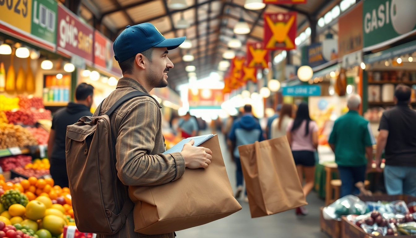 Marketplace Pickup mesa highlights a delivery person engaging with customers in a vibrant marketplace.