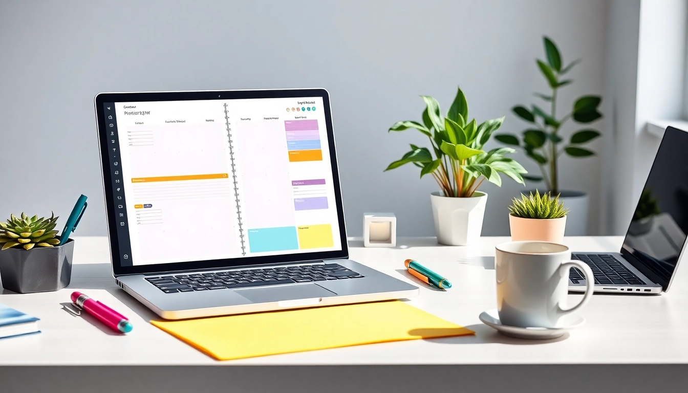 Get Your Free Planner Preview with colorful layouts and a modern desk setting for inspiration.