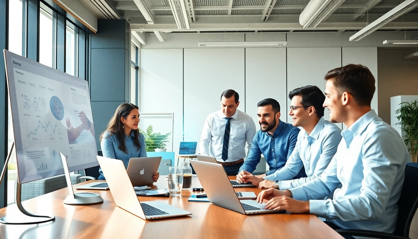 Collaborative team using AI proposal writing software for federal contracts in a modern office setting.