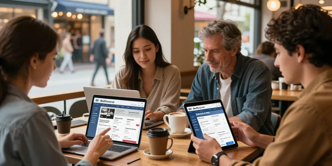 People using BedPersonal for local classifieds in a cozy café, showcasing vibrant community engagement.