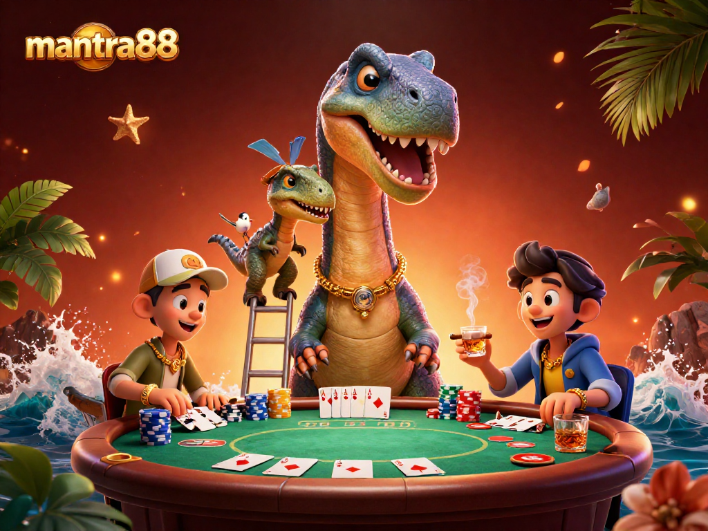Experience the fun of mantra88 at a whimsical casino scene featuring a giant brontosaurus and vibrant poker elements.