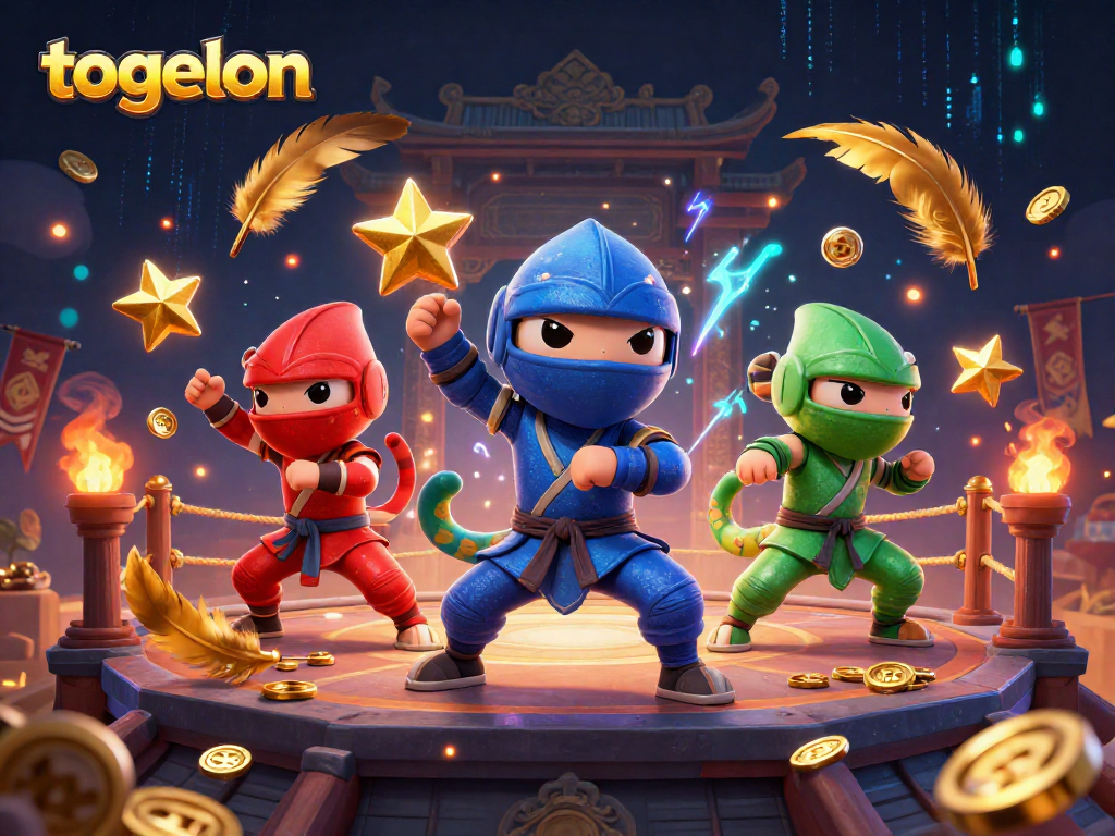 Engage in thrilling togelon adventures with ninja chameleons showcasing martial arts in this vibrant casino scene