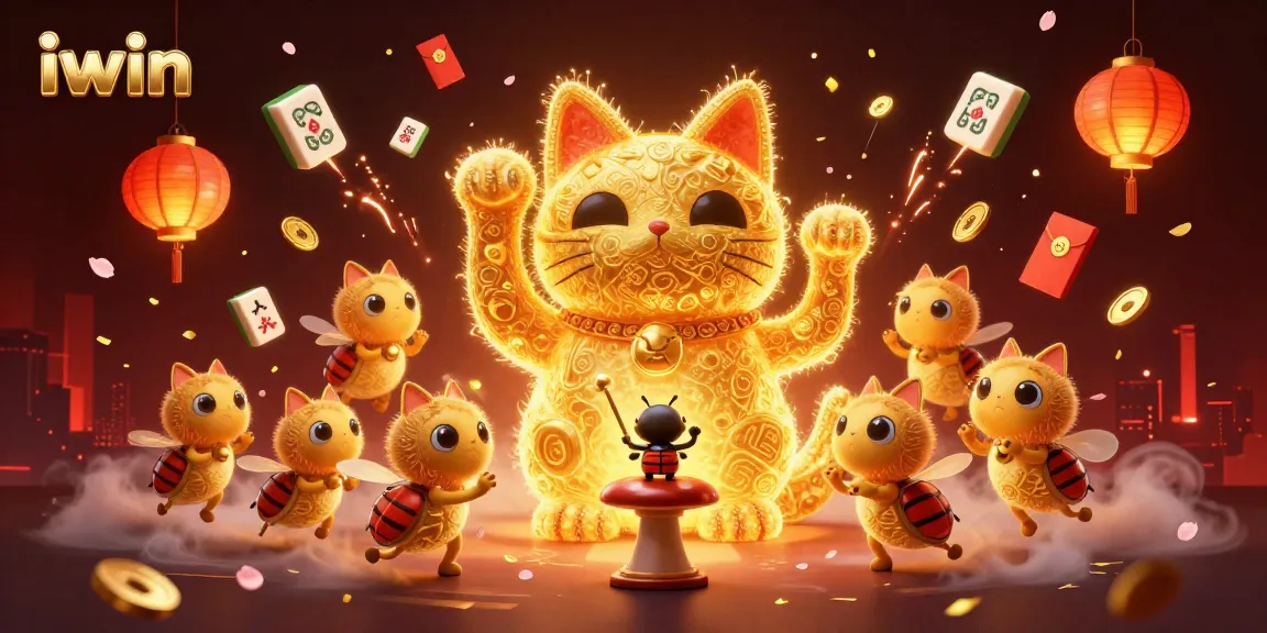 Engage with iwin's vibrant 3D illustration featuring a lucky cat and dynamic casino symbols.