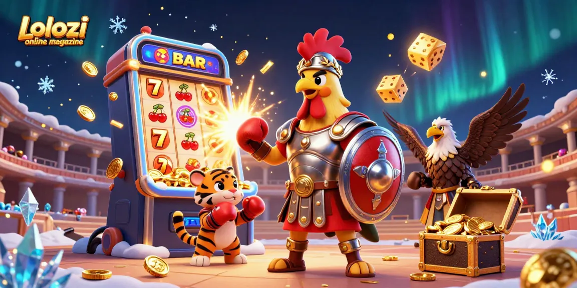 Lolozi online magazine showcases a vibrant illustration of a gladiator rooster in a casino showdown with arcade elements.