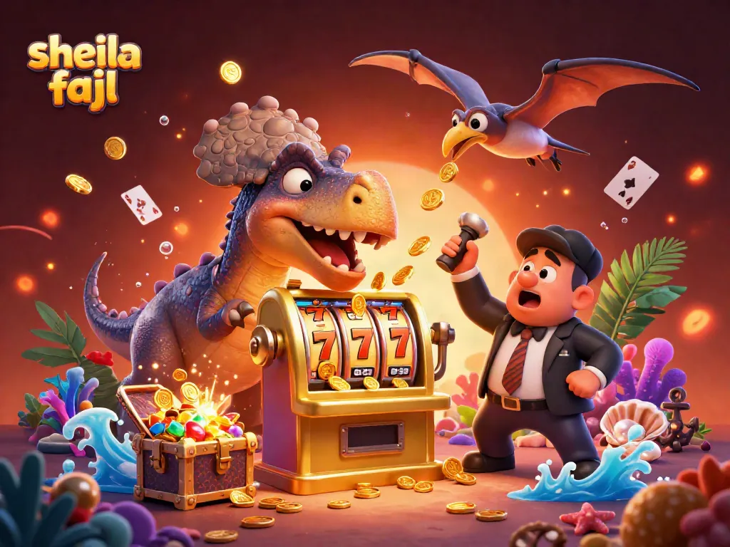 Win big with sheila fajl-themed slot machine jackpot featuring vibrant 3D cartoon dinosaurs.