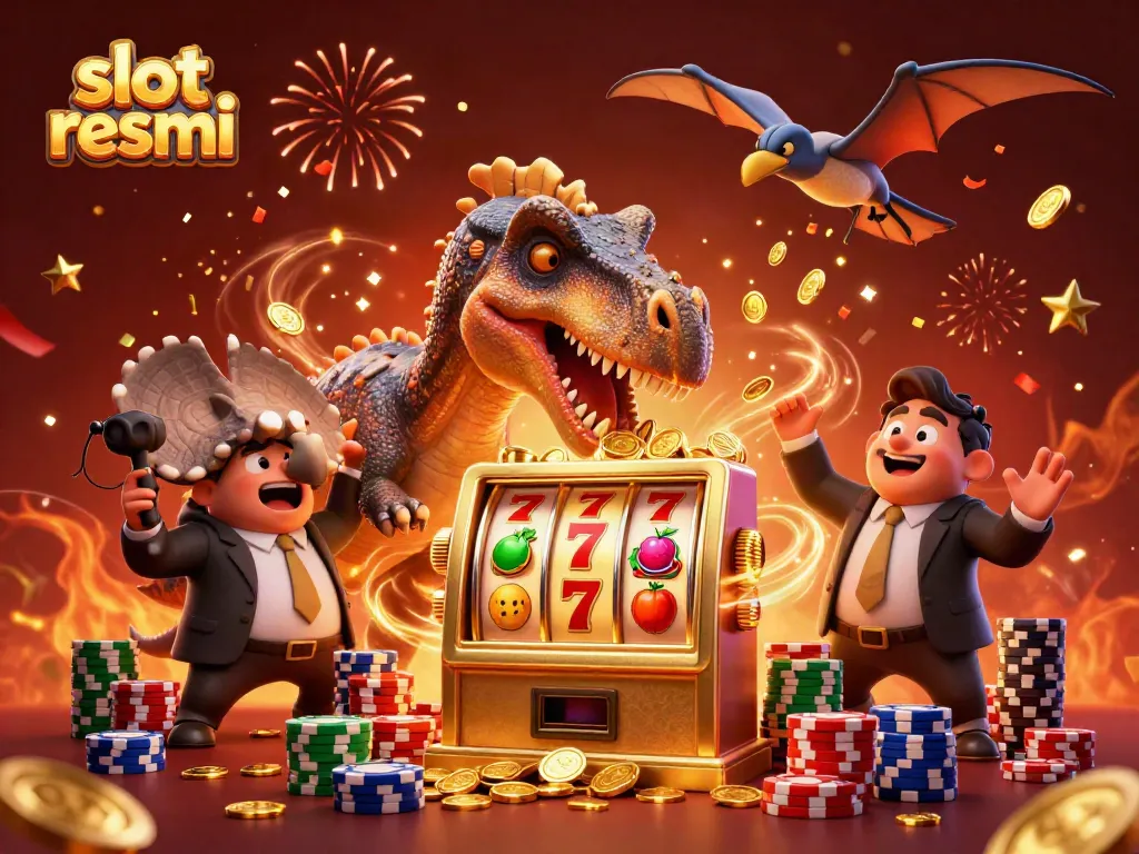 Experience the excitement of slot resmi with a cartoon dinosaur interacting with a jackpot machine amidst dynamic casino elements.