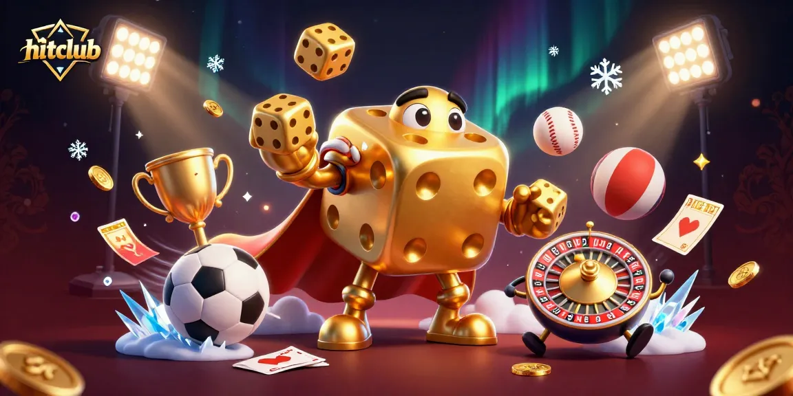Engage with hitclub's vibrant golden dice golem amidst dynamic sports elements in a lively casino setting.