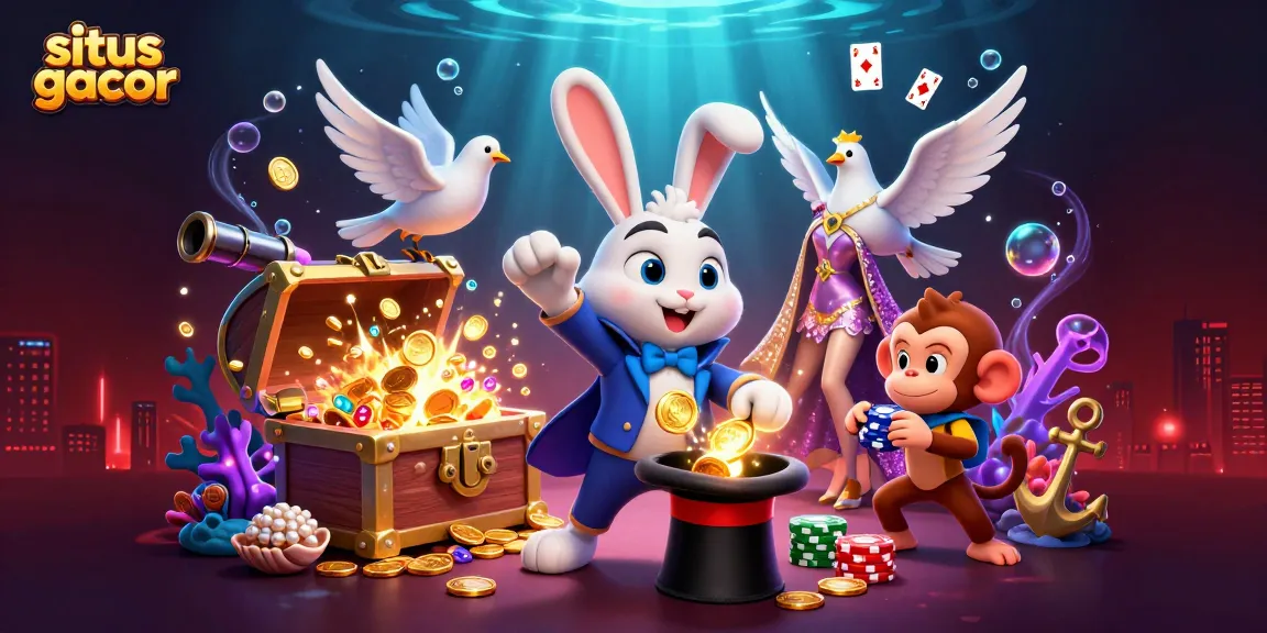 Engage with situs gacor as a magician rabbit conjures coins, immersed in an exciting casino scene.