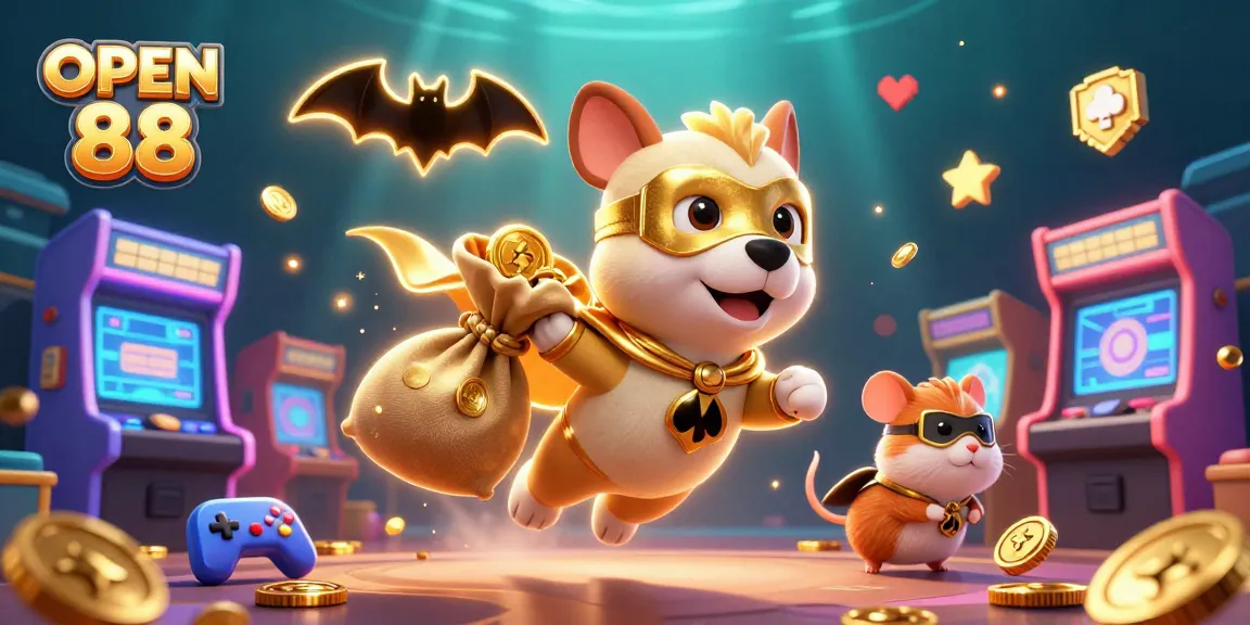 Experience immersive fun with OPEN 88 as a superhero dog and sidekick hamster soar through a dynamic casino world.