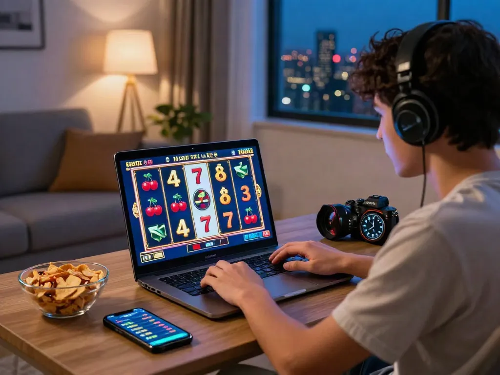 Engaged player enjoying a slot game online, vibrant graphics, modern living room.