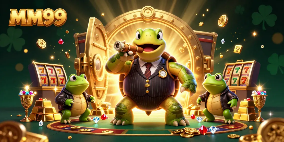 Engaging MM99 slots scene with a turtle in a mobster suit and bullfrog enforcers.