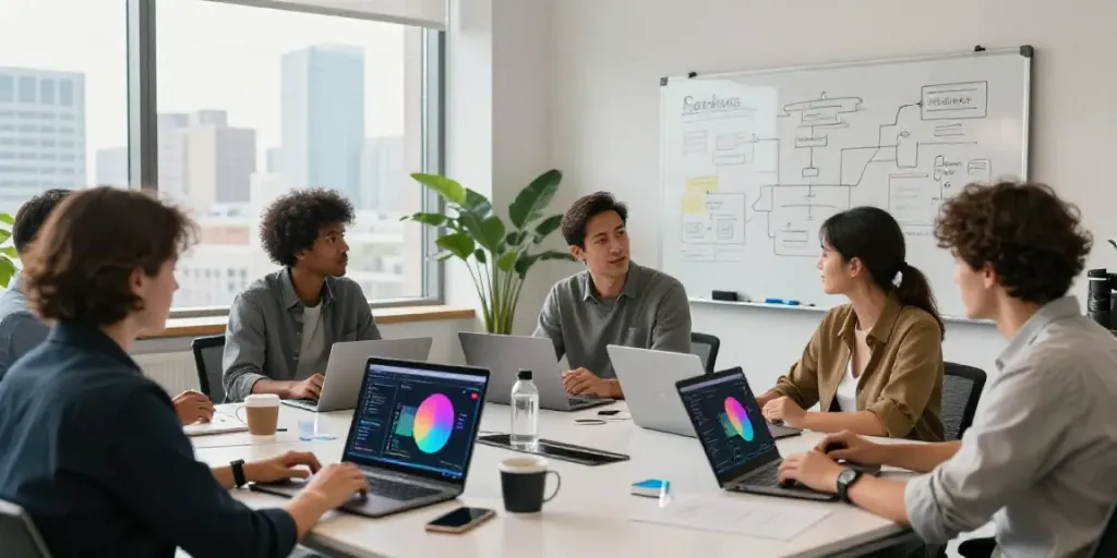 AI content creation for SaaS companies in a modern office workspace with professionals collaborating.