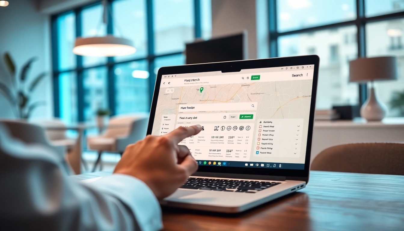 Explore reverse phone search uk with a detailed interface on a laptop in a modern office.