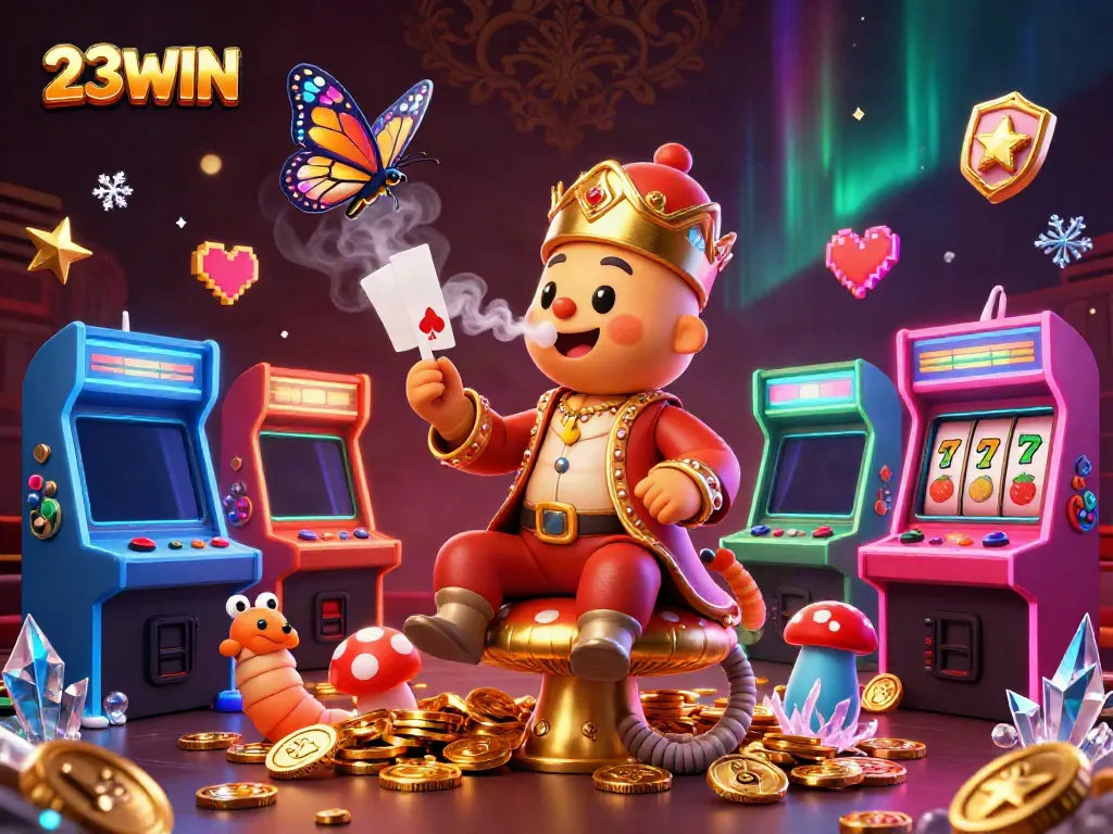 Experience the lively casino excitement of 23WIN with vibrant characters and gaming elements in a rich 3D illustration.