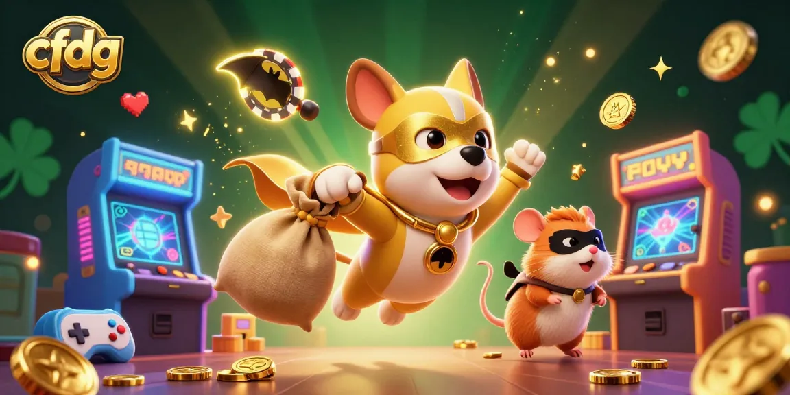 Experience thrilling gaming at cfdg with a superhero dog and hamster among vibrant casino elements.