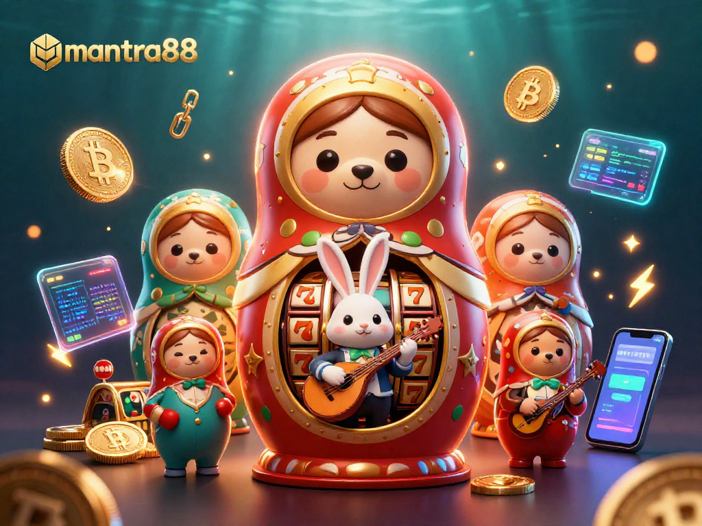 Engage with mantra88's thrilling world, featuring a majestic Matryoshka bear with casino dealers.