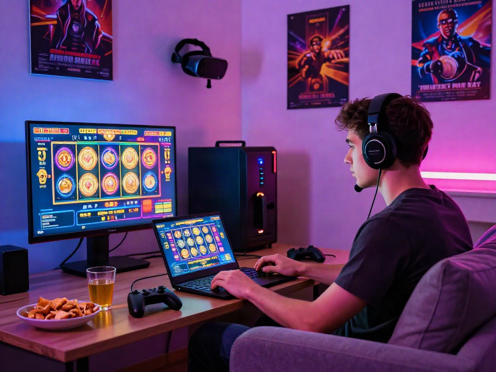 Exciting home gaming setup with situs judi slot online displayed on laptop, snacks, and colorful lighting.
