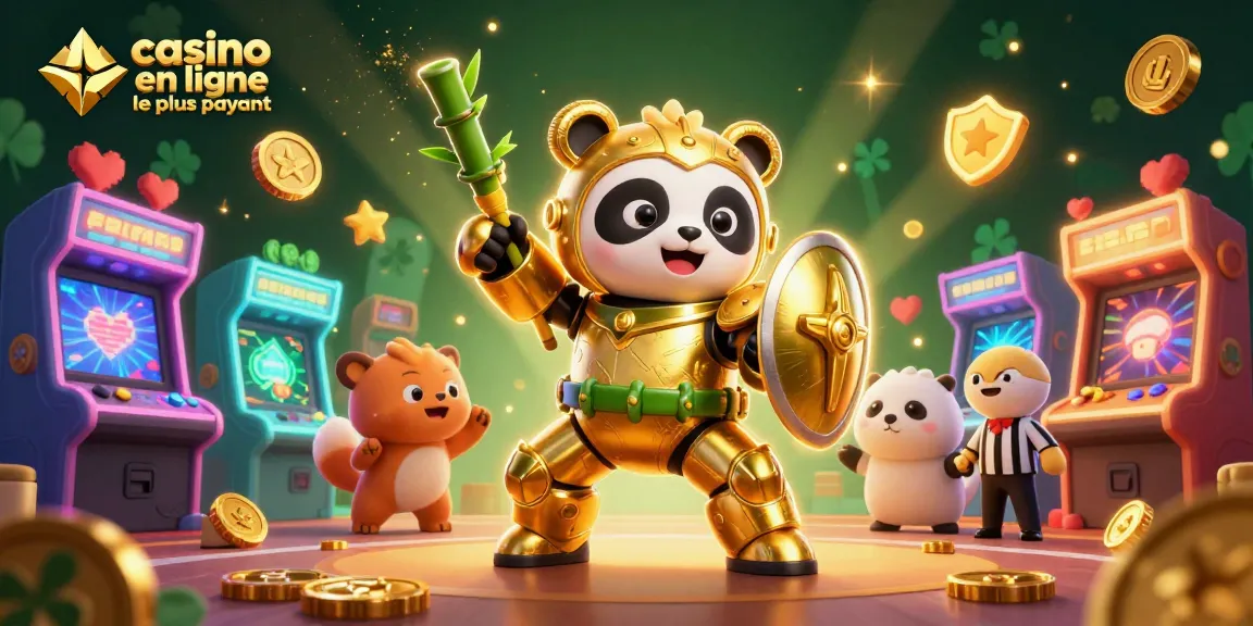 Illustration dynamique de casino avec un panda doré en armure, machines à arcade et éléments de jeux d'argent en ligne les plus payants.