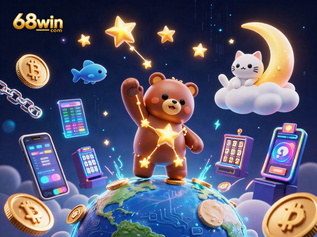 Spin and win with 68win com in this vibrant casino scene featuring whimsical characters and crypto elements.
