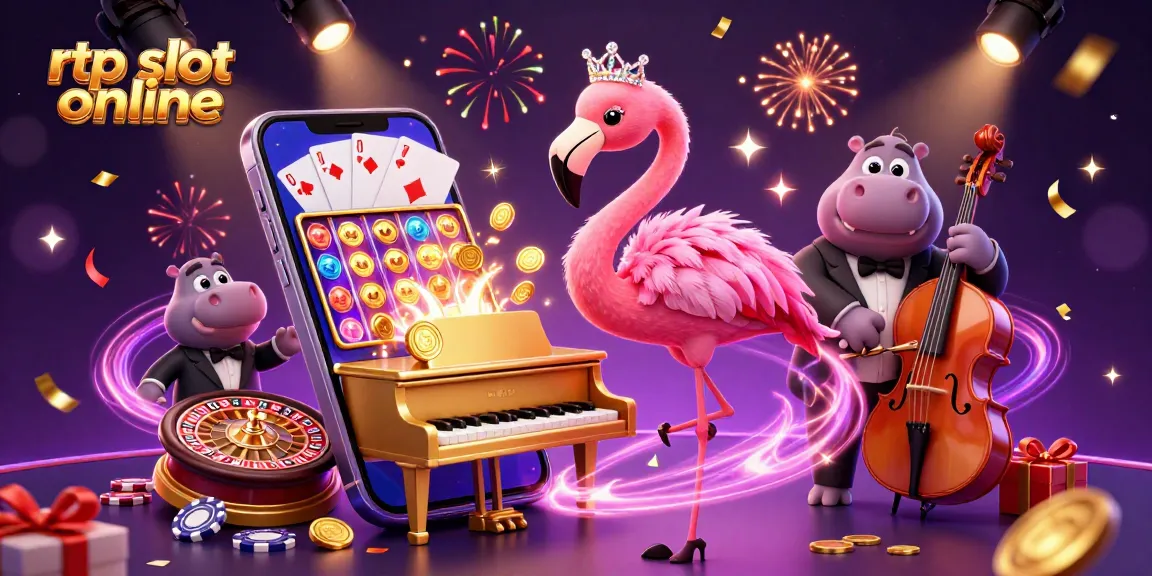 Bermain rtp slot online dengan karakter flamingo penyanyi dan hippo bassist dalam suasana kasino yang meriah.