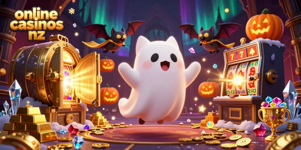 Experience thrilling gameplay at online casinos nz with a lively ghost cat phasing through haunted slot machines.