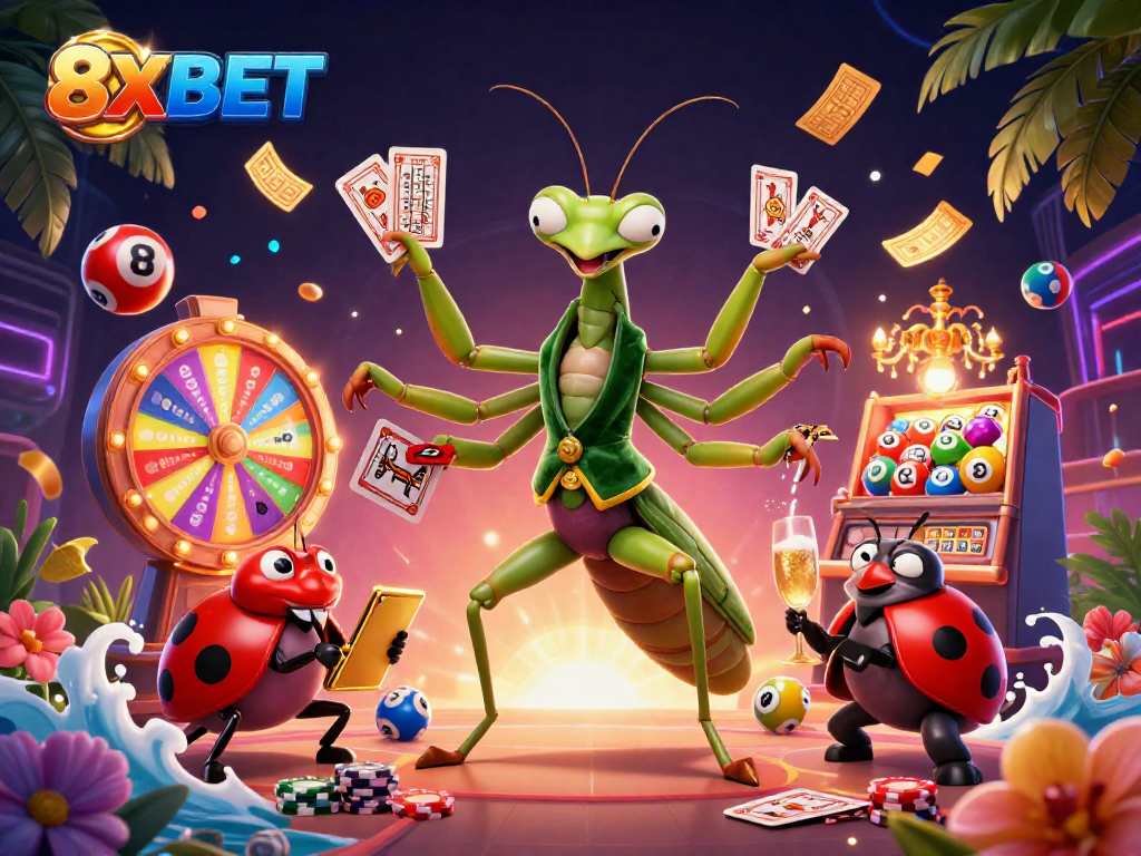 Experience vibrant gaming excitement with 8XBET's dynamic casino illustration, featuring lively characters and action elements