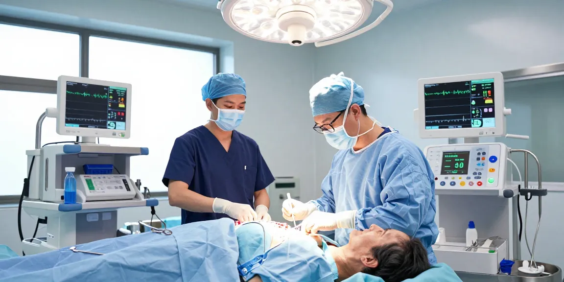 Surgeon performing dar kanal ameliyatı in a modern operating room with advanced medical equipment and focused team.