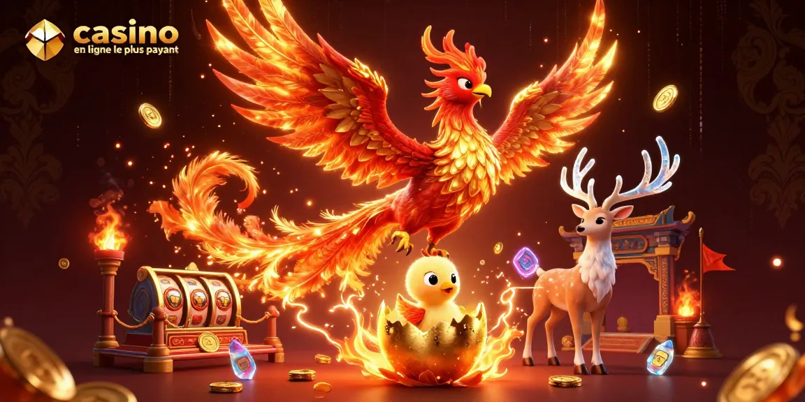 Illustration dynamique d'un casino en ligne le plus payant avec un phoenix en feu et des éléments de jeux.